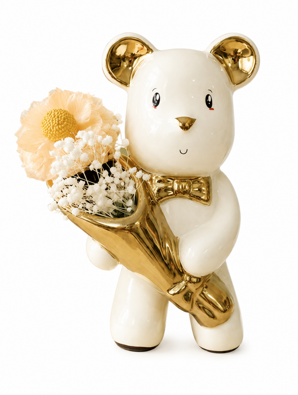 🧸 Ourson décoratif avec fleurs phosphorescentes en résine