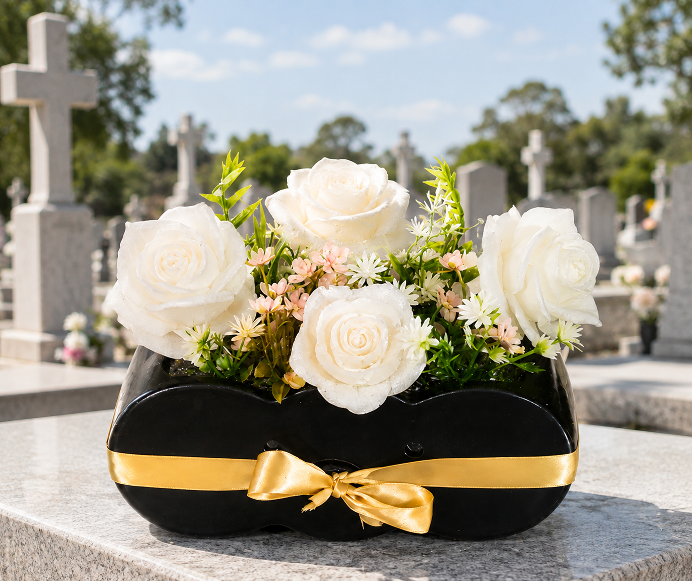 🕊️ Vase funéraire en céramique noire et roses en résine 🕊️