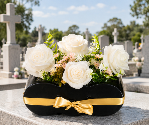 🕊️ Vase funéraire en céramique noire et roses en résine 🕊️