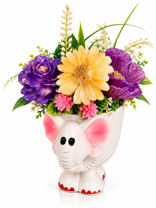 Composition florale artisanale – Fleurs éternelles en résine & vase éléphant
