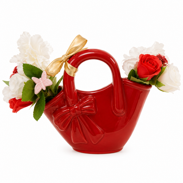 ase en céramique rouge avec roses en résine