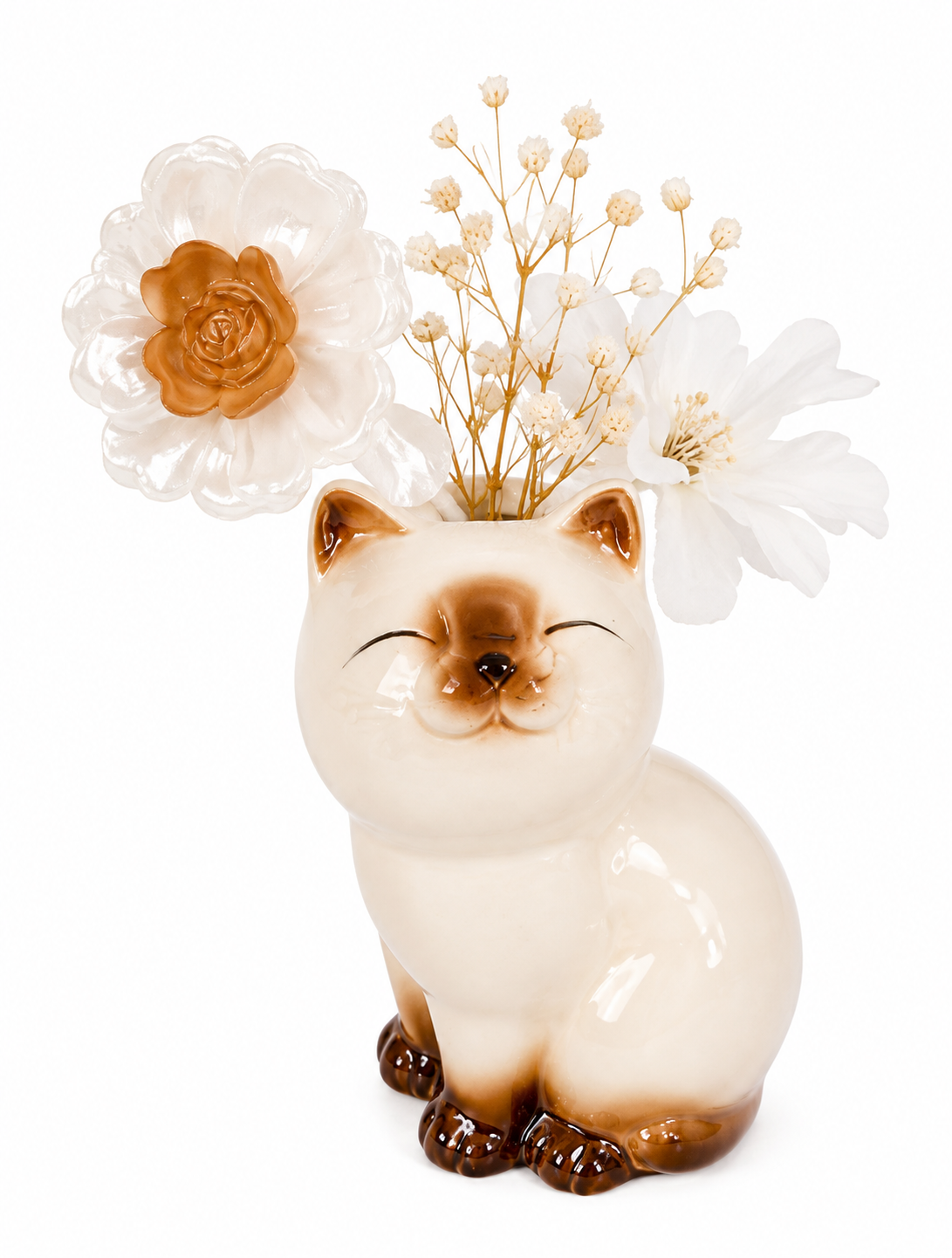Vase chat en céramique et sa jolie fleur en résine