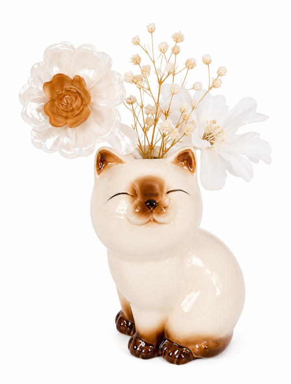 Vase chat en céramique et sa jolie fleur en résine