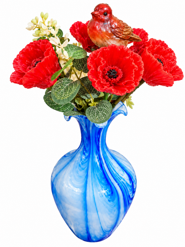 Bouquet de coquelicots rouges en résine avec son oiseau dans le vase inclus