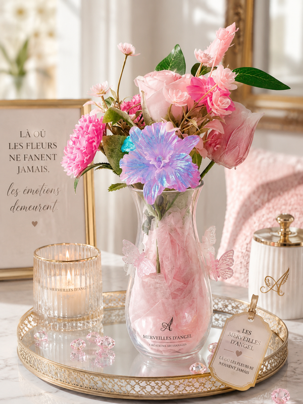 Vase en Verre avec Papillons et Roses en Résine