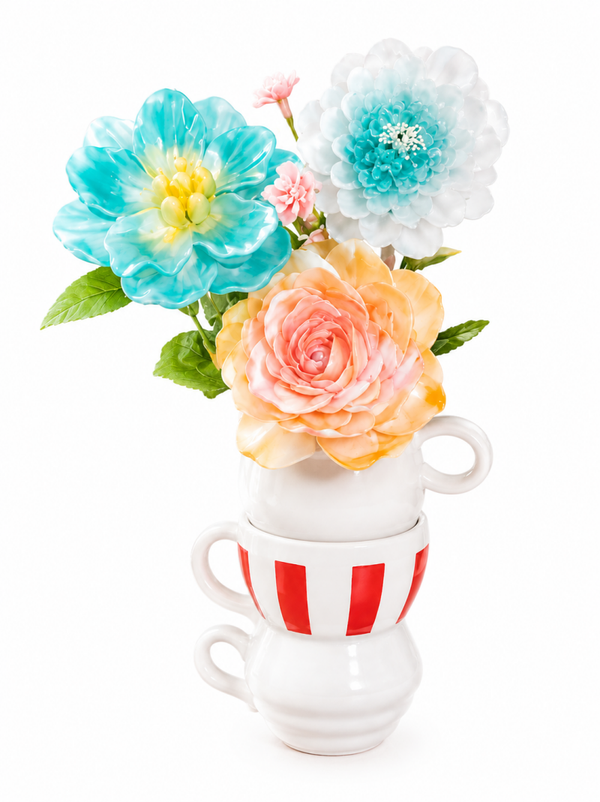 Bouquet de fleurs en résine nacrée dans tasses vintage