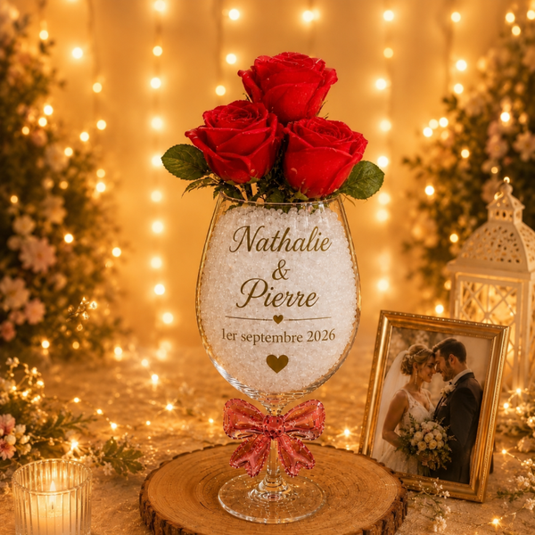 🌹 Roses éternelles en résine dans un verre original personnalisé avec nœud en verre rose