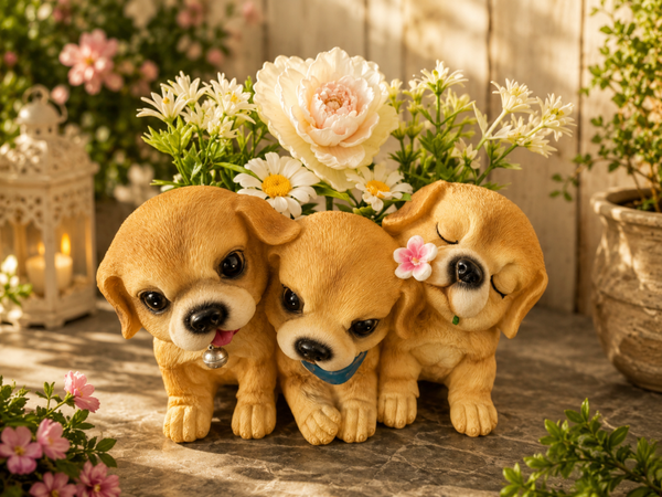 🐶 Vase décoratif avec trois chiots et fleur cœur en résine