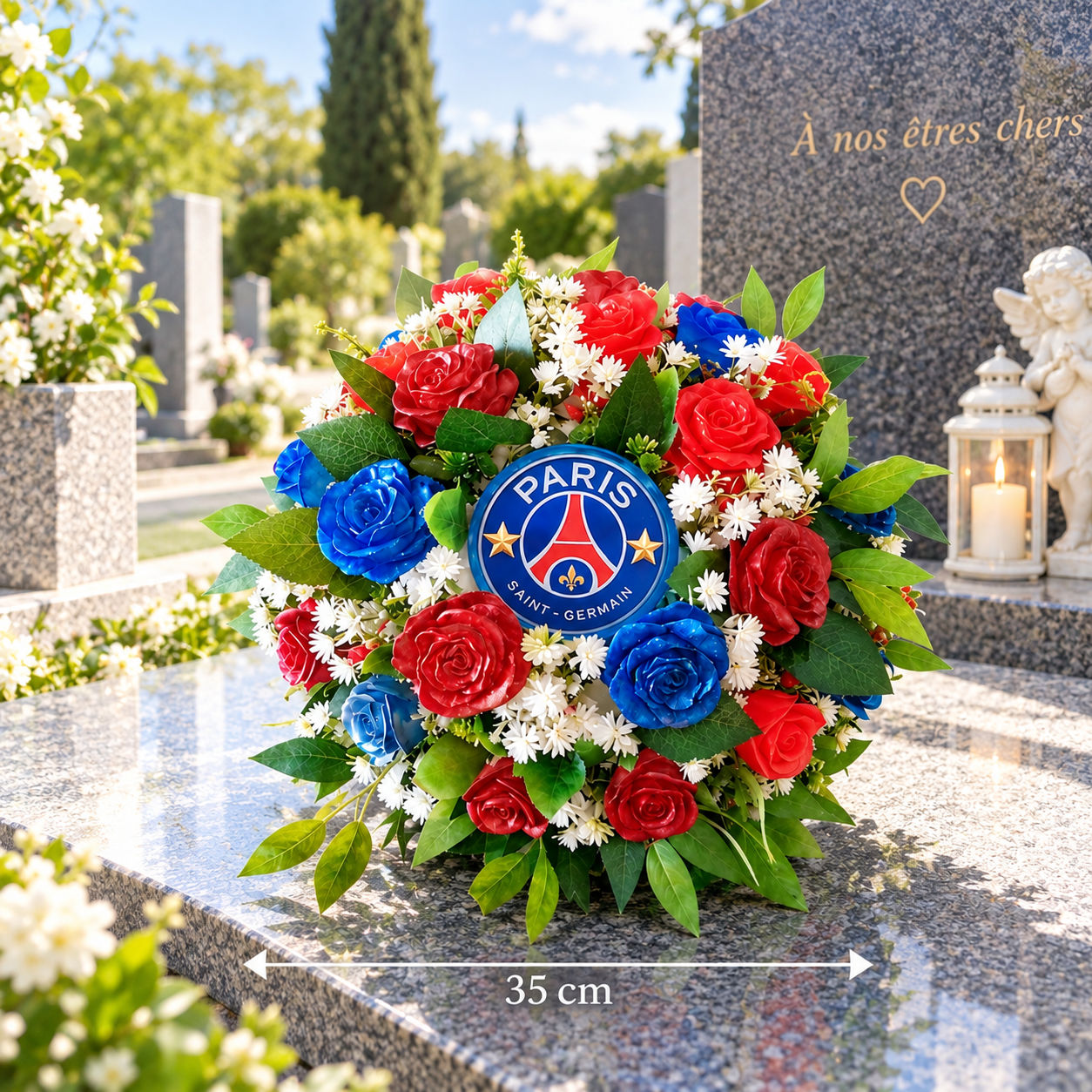 🌹 Gerbe ronde PSG – Fleurs en résine 🔵🔴SUR COMMANDE