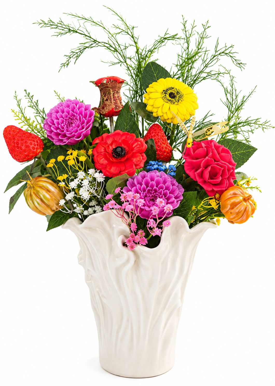 🌸 Composition Florale Décorative avec Fruits en Résine et Fleurs Colorées