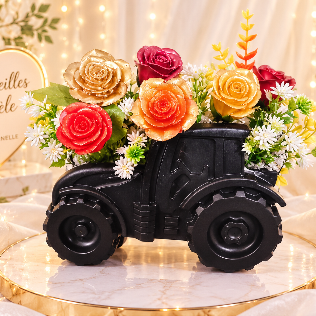 🚜 Vase en résine “Tracteur fleuri”