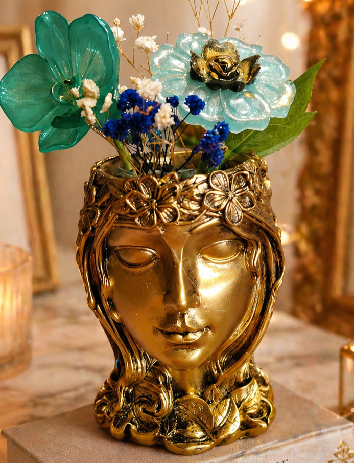 🌸 Vase décoratif visage doré & fleurs en résine
