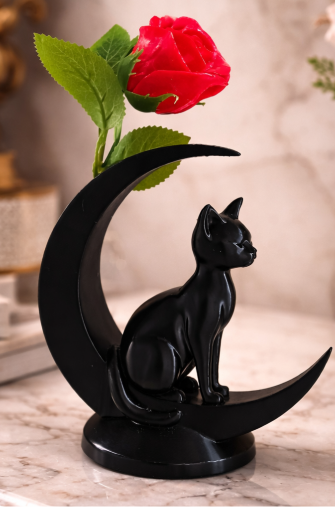 🌹 Chat lunaire avec sa rose en résine