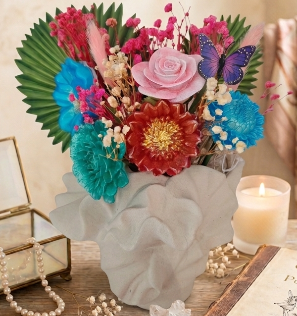 🌸 Bouquet de fleurs en résine colorées avec papillon – Décoration florale originale et durabl