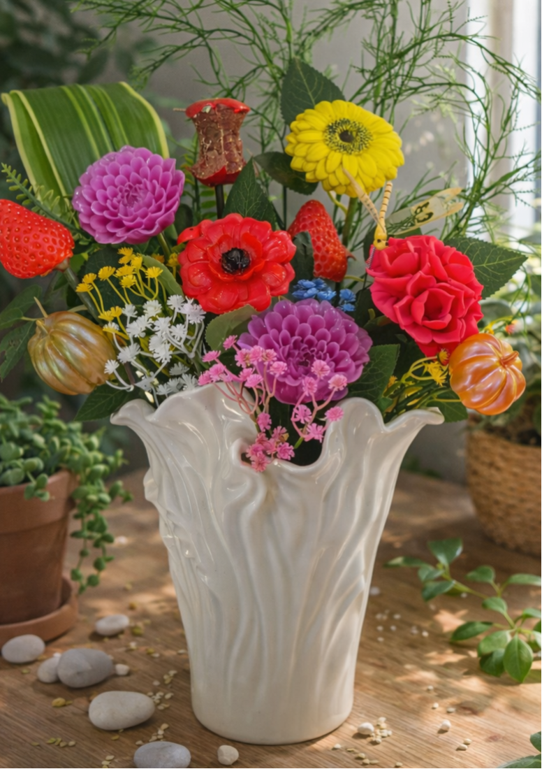 🌸 Composition Florale Décorative avec Fruits en Résine et Fleurs Colorées