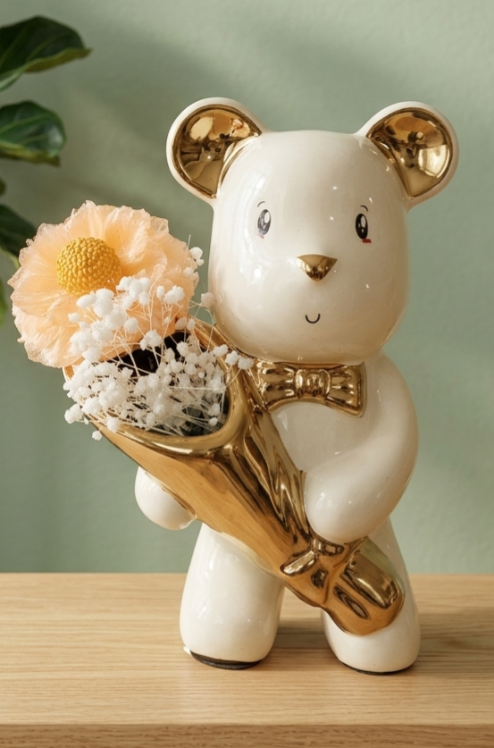 🧸 Ourson décoratif avec fleurs phosphorescentes en résine