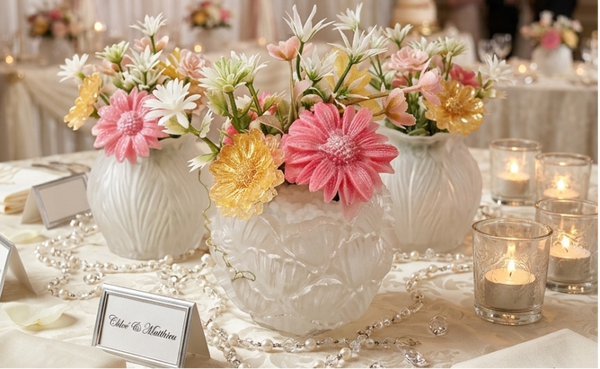 💍✨ Vase en résine avec 3 pâquerettes – Décoration de mariage ✨💍