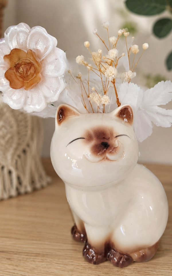 Vase chat en céramique et sa jolie fleur en résine