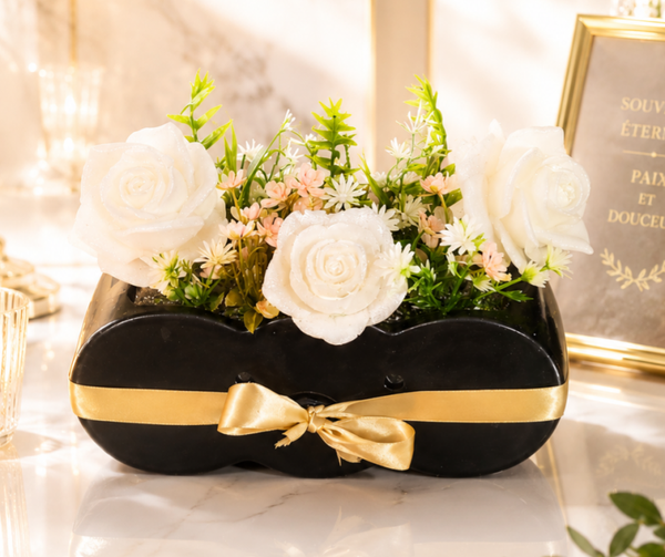 🕊️ Vase funéraire en céramique noire et roses en résine 🕊️
