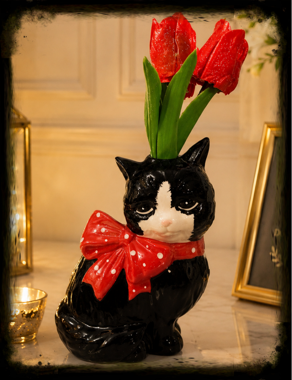 🐱🌷 Vase Chat en Céramique avec 3 Tulipes en Résine 🌷🐱