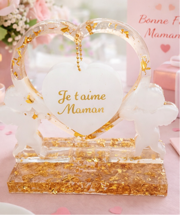 Cœur décoratif en résine « Je t’aime Maman » avec feuilles dorées