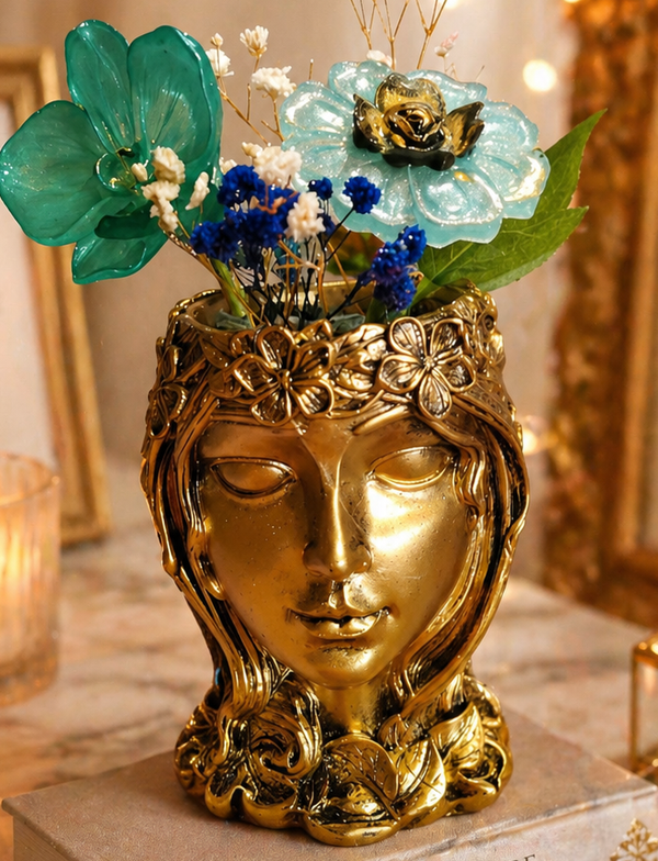 🌸 Vase décoratif visage doré & fleurs en résine