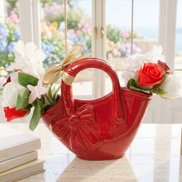 ase en céramique rouge avec roses en résine
