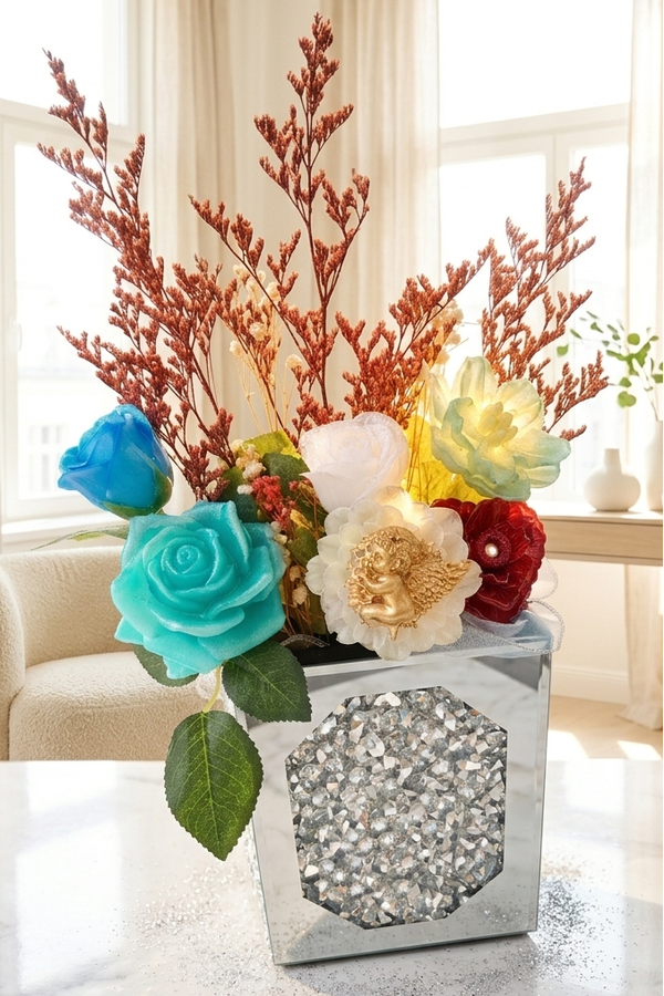 📖✨ Vase livre miroir & fleurs en résine