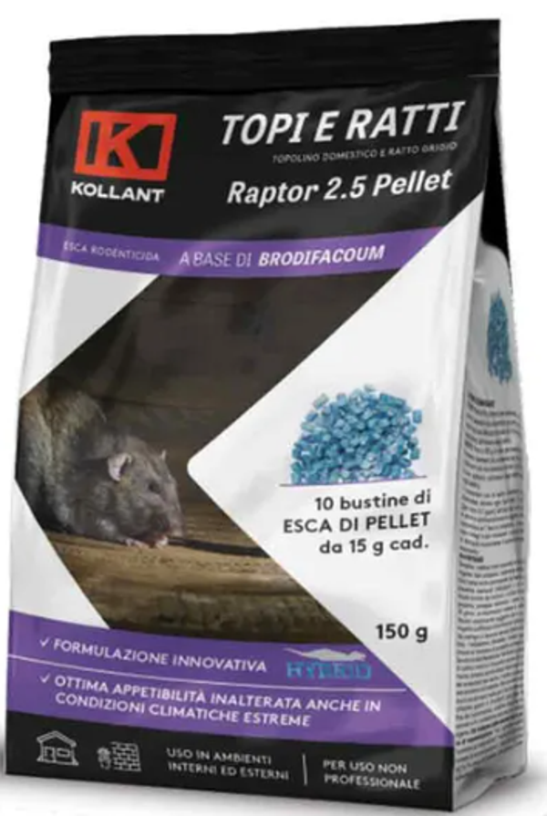 Esca per topi in pellet a base di brodifacoum gr.150 RAPTOR 2.5 PELLET KOLLANT