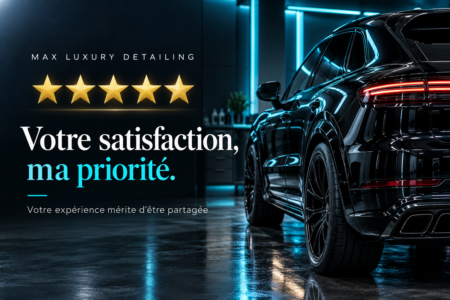 Max Luxury Detailing : cinq étoiles dorées et véhicule soigné. Votre satisfaction, ma priorité.