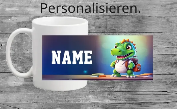 Personalisierbare Kindertasse mit einen Dino +Name