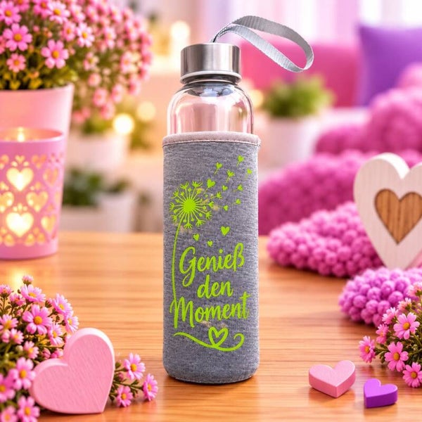 Glas-Trinkflasche „Genieß den Moment“