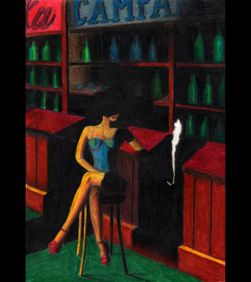 "Waiting at the Inn" Colored pencils on paper 20x28.
