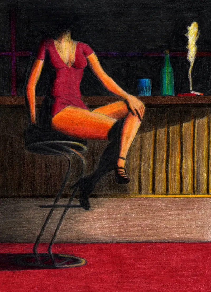 "The Secretary's Break". (Sold). Colored pencils on paper 20x28.