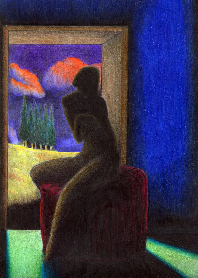 "Contemplation". (sold). Colored pencils on paper 20x28.