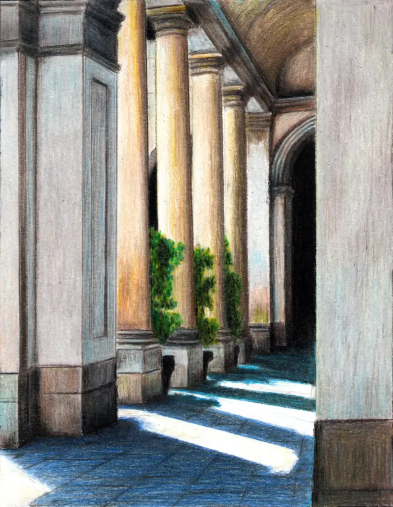 External view of Piazza Principe Station. Colored pencils on paper 24x18.