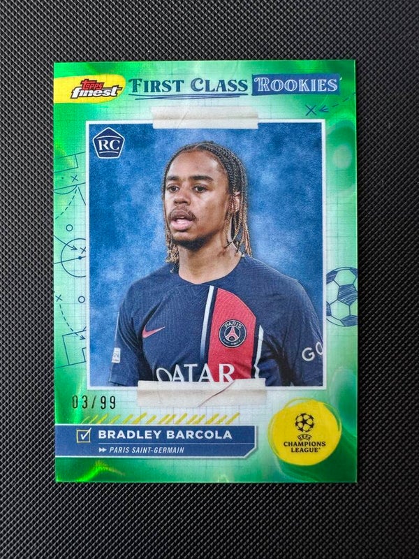 Bradley Barcola /99 Rookie Topps Finest UEFA 2024 Green First Class Rookies #FR-9 PSG