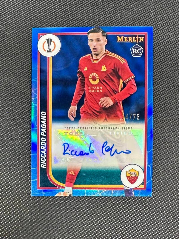 Riccardo Pagano /75 Rookie Auto Topps Merlin UEFA Club Competitions 2023/24 Blue Refractor #AH-RC