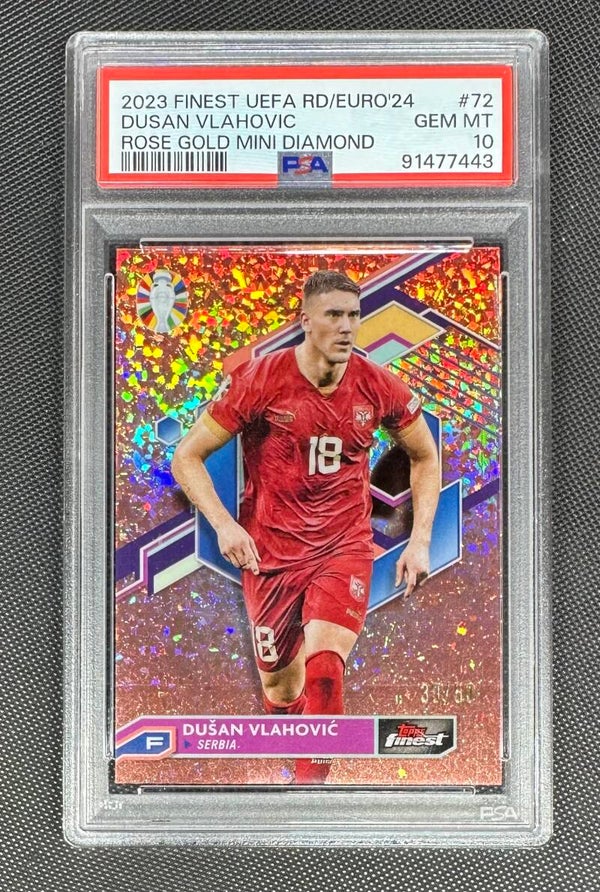 Dušan Vlahović /50 PSA10 Topps Finest UEFA Road to UEFA Euro24 2023 Rose Gold Mini Diamond #72