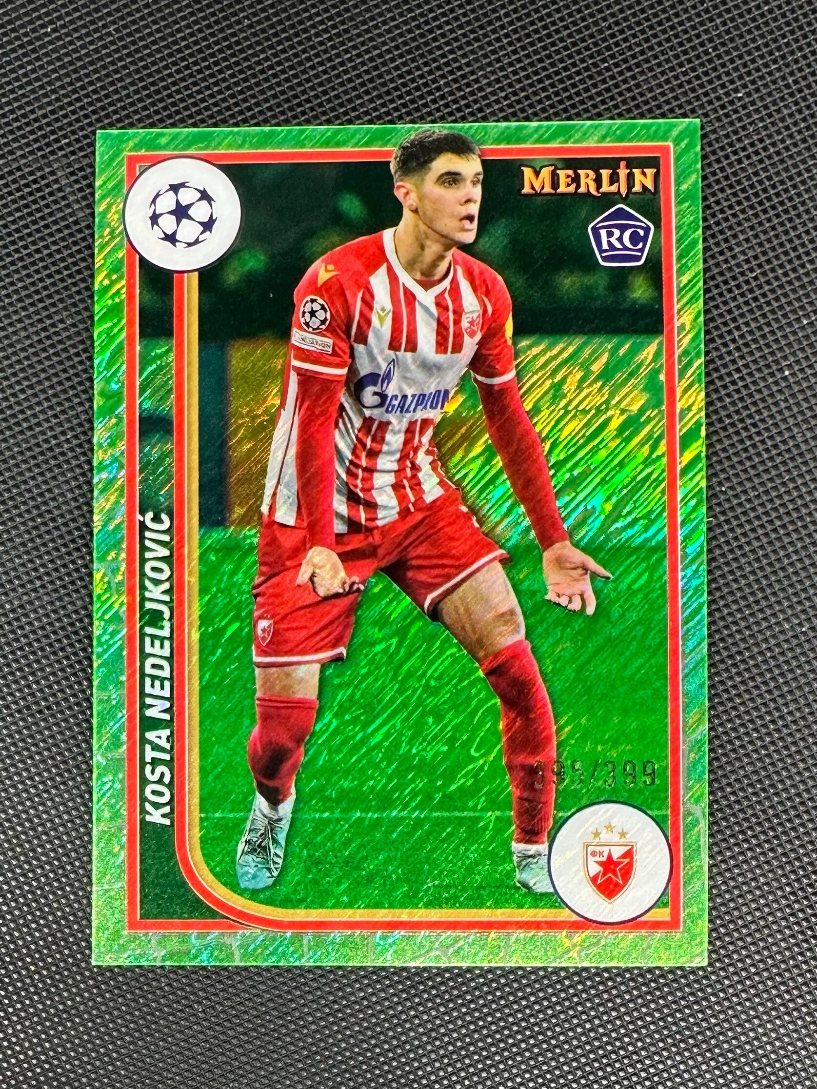 Kosta Nedeljković /399 Rookie Topps Merlin UEFA Club Competitions 2023/24 Neon Green Shimmer Refractor #142
