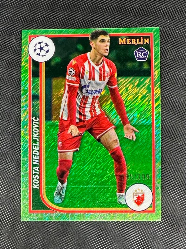 Kosta Nedeljković /399 Rookie Topps Merlin UEFA Club Competitions 2023/24 Neon Green Shimmer Refractor #142