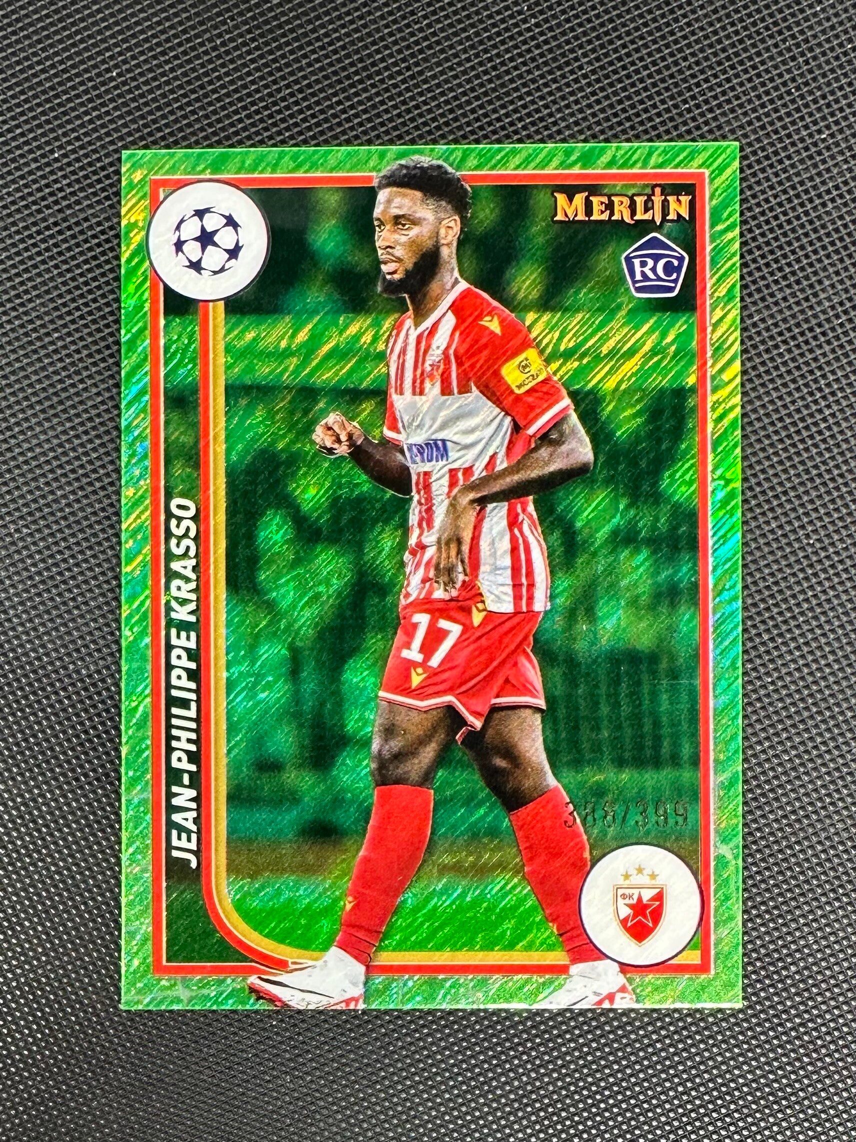 Jean Philippe Krasso /399 Rookie Topps Merlin UEFA Club Competitions 2023/24 Neon Green Shimmer Refractor #59