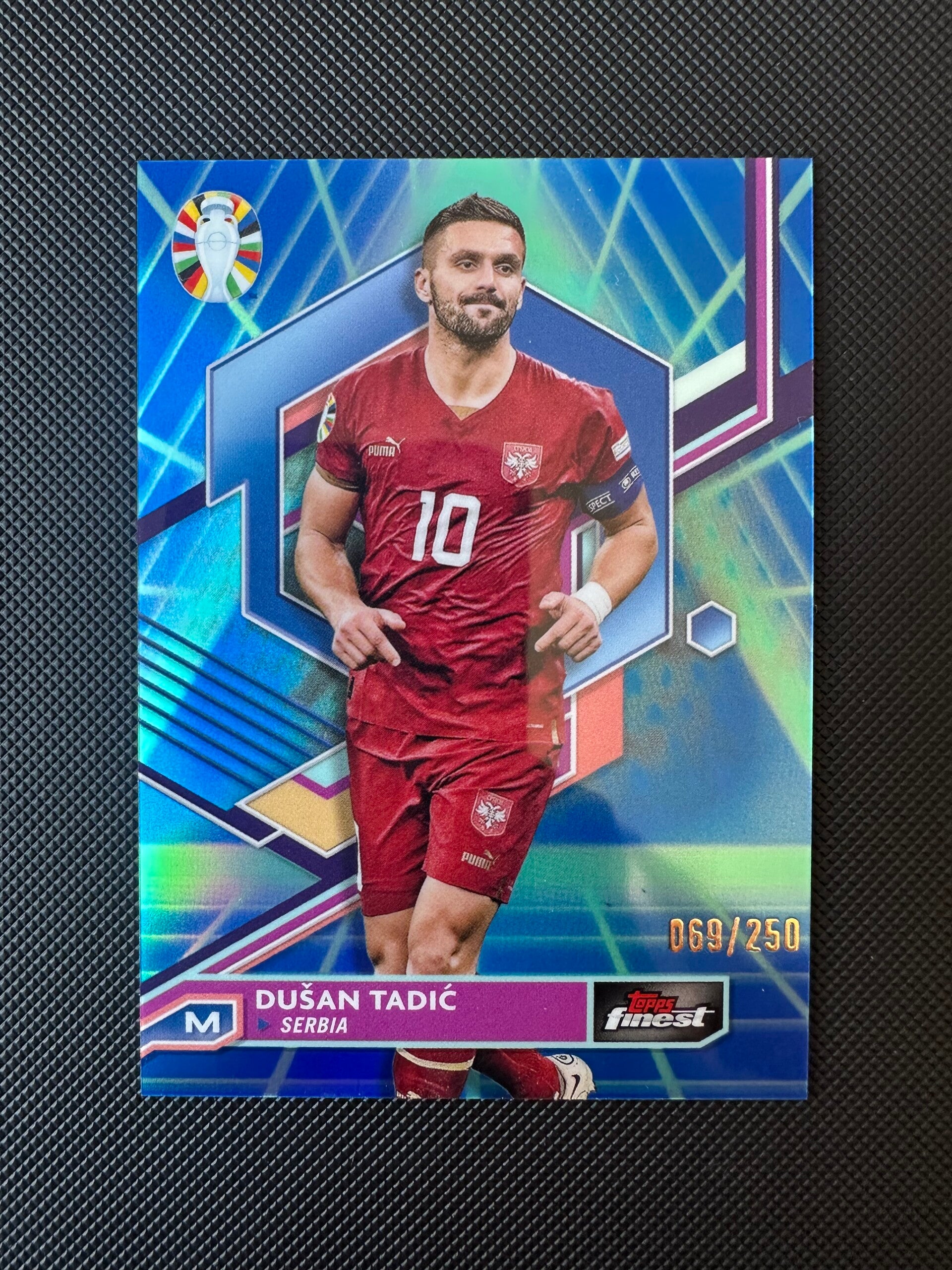 Dušan Tadić /250 Topps Finest UEFA Euro 2023  Road To UEFA24 Blue Refractor #73