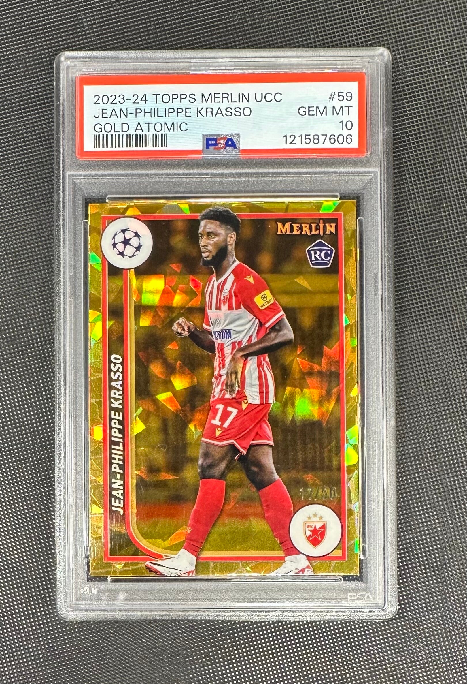 Jean Philippe Krasso /50 Rookie PSA10 Topps Merlin UEFA CC 2023/24 Gold Atomic #59
