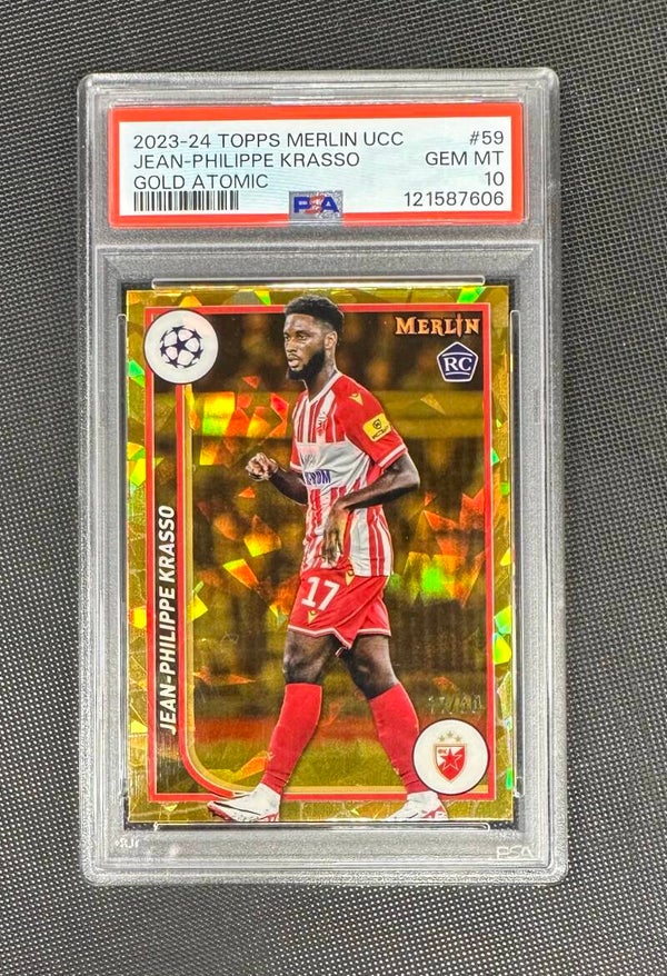 Jean Philippe Krasso /50 Rookie PSA10 Topps Merlin UEFA CC 2023/24 Gold Atomic #59
