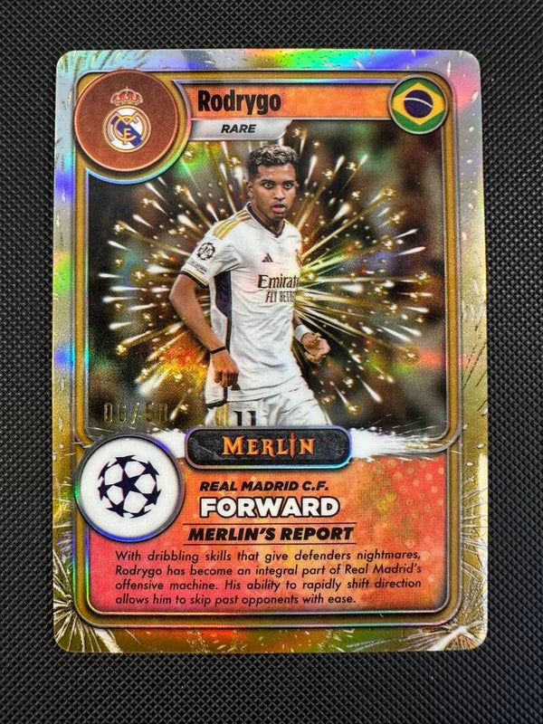 Rodrygo /50 Topps Merlin UEFA CC 2023/24 Merlin’s Gamers- Rare Gold Refractor #MG-20 REAL MADRID