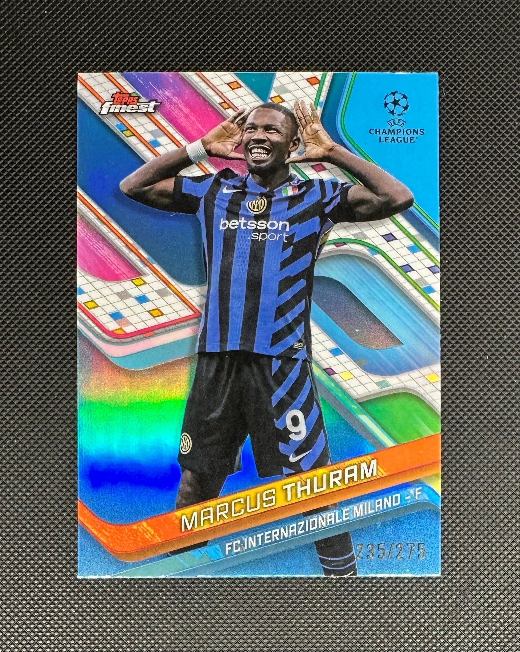 Marcus Thuram /275 Topps Finest UEFA Club Competitions 2024/25 Sky Blue Refractor #4