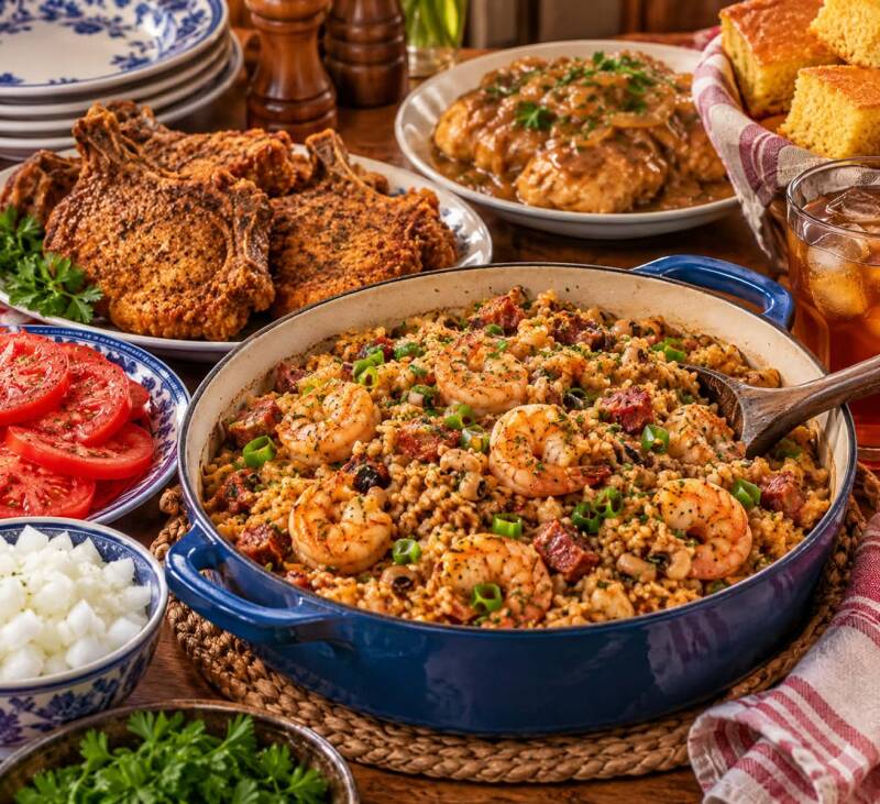Shrimp Louisiana congree in a blue Dutch oven served with fried pork chops, smothered chicken, cornbread, tomatoes, and onions