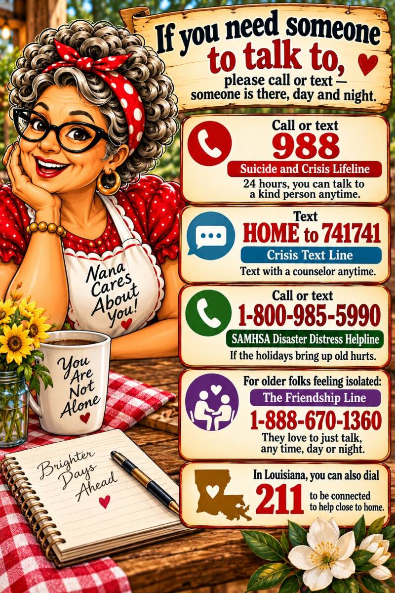 Mental health crisis resources graphic listing 988, Crisis Text Line, SAMHSA Disaster Distress Helpline, and Louisiana 211