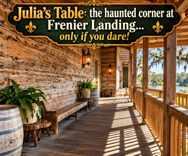 Julia's Table haunted corner at Frenier Landing graphic featuring a rustic wooden porch overlooking the water